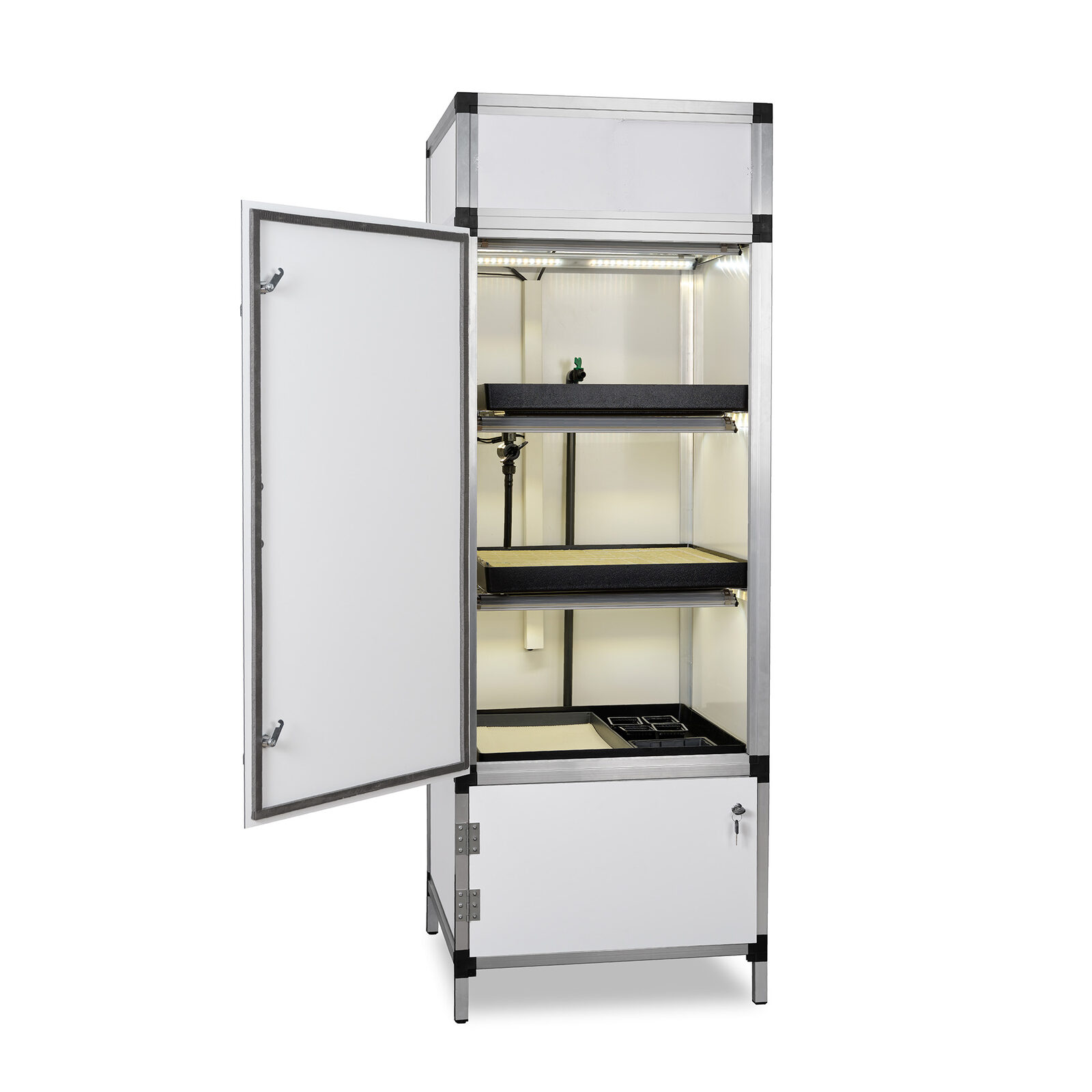 Metro Solo grow cabinet, door open, showing the 3 lit shelves with Sanlight Flex II LED bars and grow trays